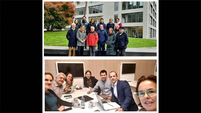 Två bilder med människor. I den övre bilden står tretton personer utomhus framför en byggnad. På den nedre bilden sitter sju personer runt ett bord med datorer framför sig.  